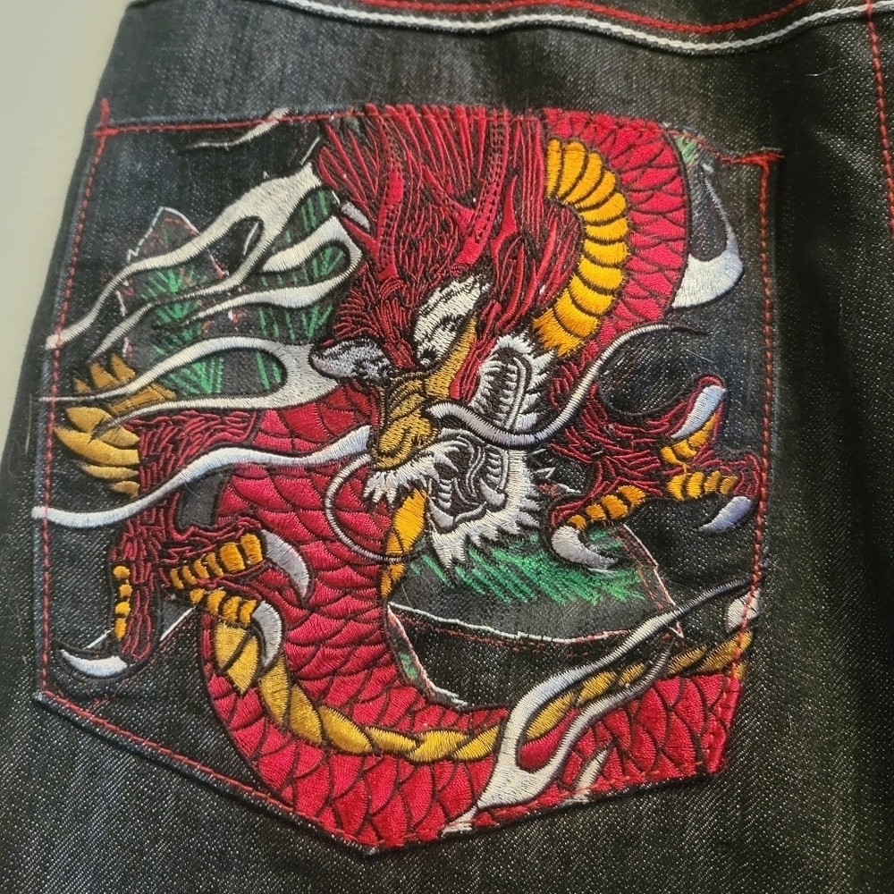 Vintage 90s EXA Dragon Denim Shorts Mens 38 Red Stitch Y2K Baggy - Picture 4 of 8